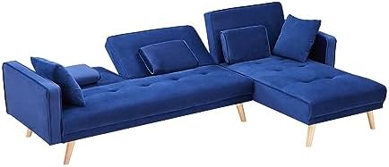 Comfynest  Furniture Set Variable Bed Living Room Folding Sectional Sofa with Reversible Chaise Lounge, L-Shaped Couch with 3 Pillows for Office Apartment, Blue