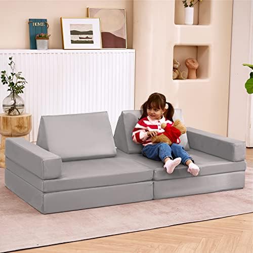 Comfynest Kids Couch 8PCS, Floor Sofa Modular Funiture for Kids Adults, Playhouse Play Set for Toddlers Babies, Modular Foam Play Couch Indoor Outdoor (33"x66"x21.85", lightgrey)