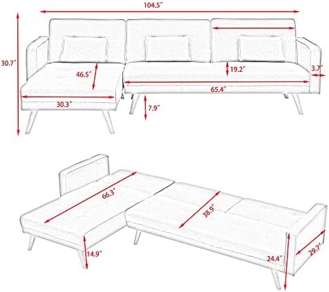 Comfynest  Furniture Set Variable Bed Living Room Folding Sectional Sofa with Reversible Chaise Lounge, L-Shaped Couch with 3 Pillows for Office Apartment, Blue