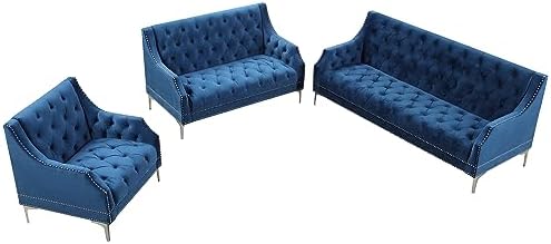 Comfynest Chesterfield 3 Piece Sofa Set, Frosted Velvet Upholstered Button Tufted Sectional Couch with Metal Legs and Rivets Arms, Three-Seat Chair & Loveseat and Single Chair,Living Room FurnitureSets