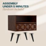 Comfynest  Solid Wood Nightstand with 1 Drawer & Open Shelf-Fully Assembled Mid Century Modern Side Table-Geometric Pattern Bedside Dresser for Bedroom and Living Room, Walnut