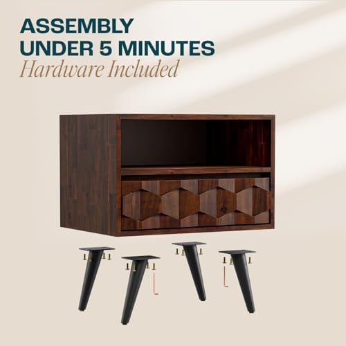 Comfynest  Solid Wood Nightstand with 1 Drawer & Open Shelf-Fully Assembled Mid Century Modern Side Table-Geometric Pattern Bedside Dresser for Bedroom and Living Room, Walnut