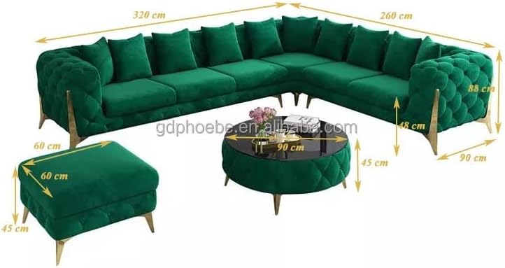 Comfynest  Luxury traditional velvet L shape chesterfield sofa set, living room furniture with golden legs