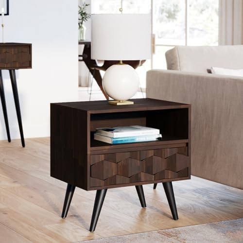 Comfynest  Solid Wood Nightstand with 1 Drawer & Open Shelf-Fully Assembled Mid Century Modern Side Table-Geometric Pattern Bedside Dresser for Bedroom and Living Room, Walnut