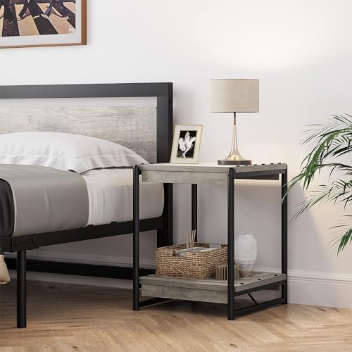Comfynest Industrial Modern Square End Table, Living Room Sofa Side Table with Shelf Storage, Wood Bedroom Nightstand Furniture, Grey