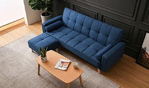 Light luxury fabric sofa bed sectional Furniture with square ottoman (Blue)