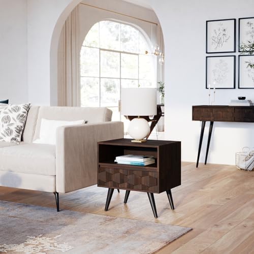 Comfynest  Solid Wood Nightstand with 1 Drawer & Open Shelf-Fully Assembled Mid Century Modern Side Table-Geometric Pattern Bedside Dresser for Bedroom and Living Room, Walnut