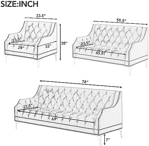 Comfynest Chesterfield 3 Piece Sofa Set, Frosted Velvet Upholstered Button Tufted Sectional Couch with Metal Legs and Rivets Arms, Three-Seat Chair & Loveseat and Single Chair,Living Room FurnitureSets