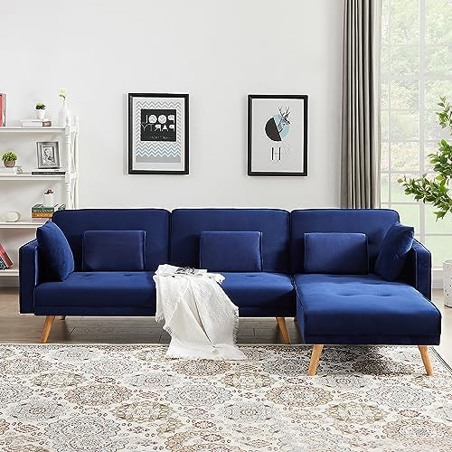 Comfynest  Furniture Set Variable Bed Living Room Folding Sectional Sofa with Reversible Chaise Lounge, L-Shaped Couch with 3 Pillows for Office Apartment, Blue