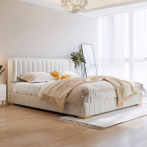 Comfynest HOME DECORATION Maple Home Bed Frame Wood Upholstered Modern Velvet King Queen Size Floating Bed Base Bedroom Furniture Off-White (185 * 218 * 110cm King Size)