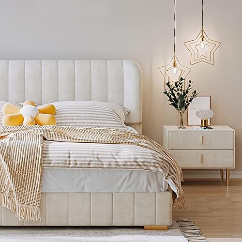 Comfynest HOME DECORATION Maple Home Bed Frame Wood Upholstered Modern Velvet King Queen Size Floating Bed Base Bedroom Furniture Off-White (185 * 218 * 110cm King Size)