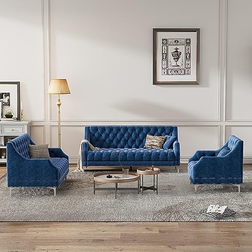 Comfynest Chesterfield 3 Piece Sofa Set, Frosted Velvet Upholstered Button Tufted Sectional Couch with Metal Legs and Rivets Arms, Three-Seat Chair & Loveseat and Single Chair,Living Room FurnitureSets