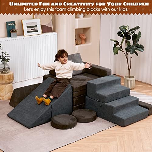 Comfynest Toddlers Climbing Toys Indoor, Toddler Climbing Toys Indoor Playset, Safe Soft Foam Climbing Blocks with Slide Stairs, Climbing Toys for Toddlers Luxury Miss Fabric, Soft Couch Slide (Dark Grey)