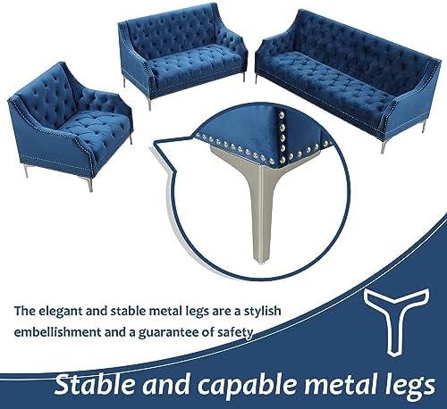 Comfynest Chesterfield 3 Piece Sofa Set, Frosted Velvet Upholstered Button Tufted Sectional Couch with Metal Legs and Rivets Arms, Three-Seat Chair & Loveseat and Single Chair,Living Room FurnitureSets
