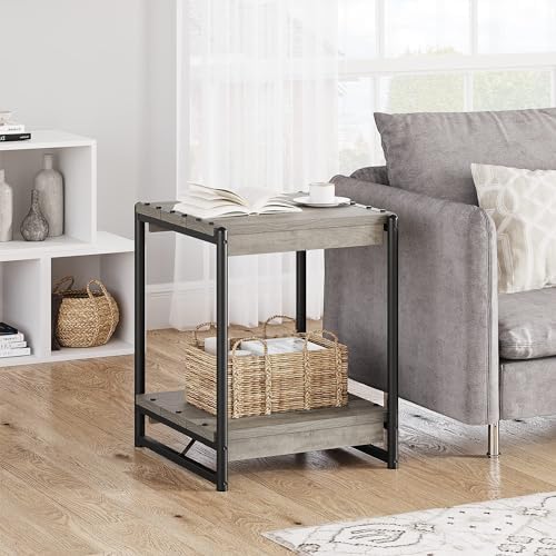 Comfynest Industrial Modern Square End Table, Living Room Sofa Side Table with Shelf Storage, Wood Bedroom Nightstand Furniture, Grey