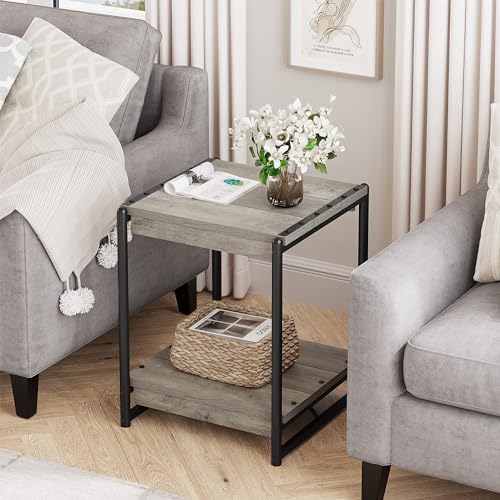 Comfynest Industrial Modern Square End Table, Living Room Sofa Side Table with Shelf Storage, Wood Bedroom Nightstand Furniture, Grey