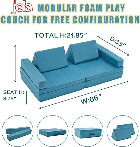 Comfynest Kids Couch 8PCS Large Size, Floor Sofa Modular Funiture for Kids Adults, Playhouse Play Set for Toddlers Babies, Modular Foam Play Couch Indoor Outdoor (33"x66"x21.85", lightblue)