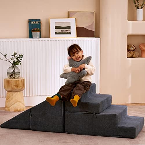 Comfynest Toddlers Climbing Toys Indoor, Toddler Climbing Toys Indoor Playset, Safe Soft Foam Climbing Blocks with Slide Stairs, Climbing Toys for Toddlers Luxury Miss Fabric, Soft Couch Slide (Dark Grey)