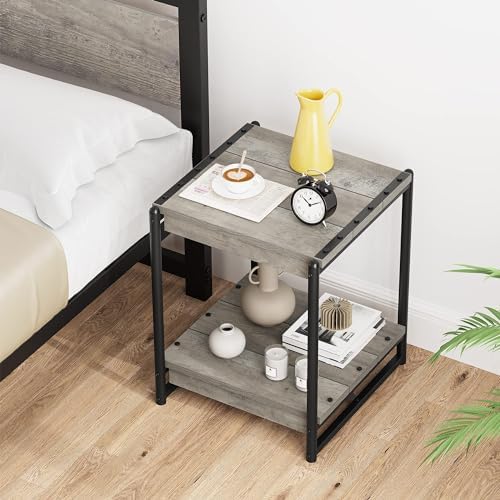 Comfynest Industrial Modern Square End Table, Living Room Sofa Side Table with Shelf Storage, Wood Bedroom Nightstand Furniture, Grey