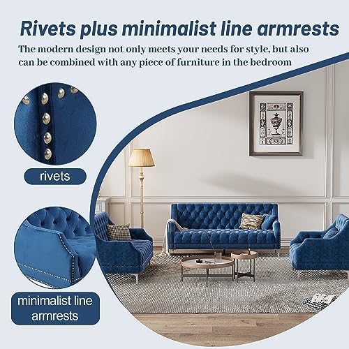 Comfynest Chesterfield 3 Piece Sofa Set, Frosted Velvet Upholstered Button Tufted Sectional Couch with Metal Legs and Rivets Arms, Three-Seat Chair & Loveseat and Single Chair,Living Room FurnitureSets