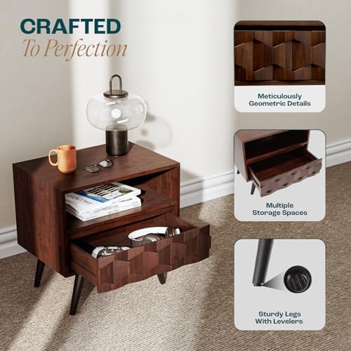 Comfynest  Solid Wood Nightstand with 1 Drawer & Open Shelf-Fully Assembled Mid Century Modern Side Table-Geometric Pattern Bedside Dresser for Bedroom and Living Room, Walnut