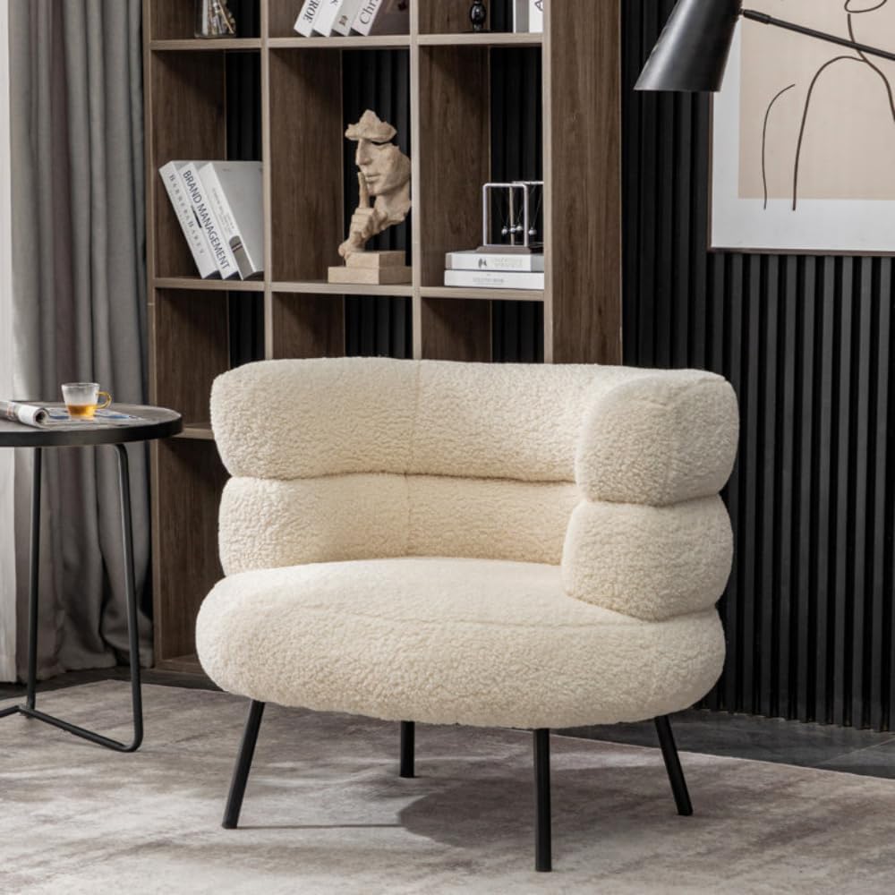 Exclusive Polyester Barrel Chair Sherpa Fabric Accent Chair, Comfy Tufted Upholstered Armchair (White Polyester)