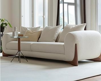 Italian Design Living Room Teddy Sofa Upholstered White Boucle Fabric Solid Canaletta Walnut Feet Luxury Lambwool Sofa