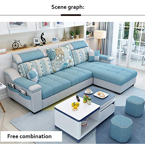 L Shape sofa 3 Seat Linen Living Room Sofa Set Home Furniture Modern Design Frame Soft Sponge Shape Home Furniture(Foot ped + 2 cloth stool),F