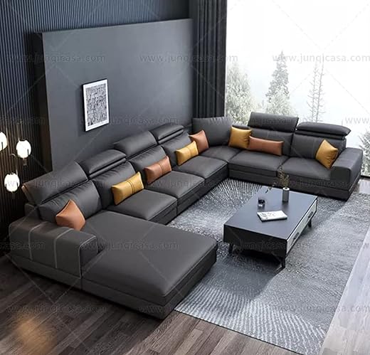 Modern Couch U Shaped Faux leather Living Room Furniture Chaise Lounge Sectional 7 seater sofa Grey