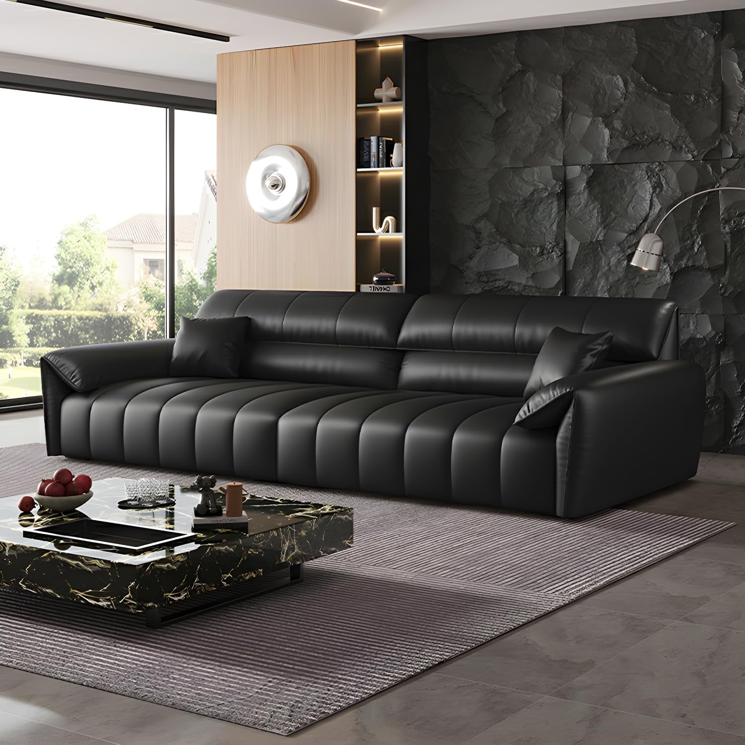 Comfynest Modern Faux Leather Sofa Set with Pillow-Top Arms in Elegant Black Finish