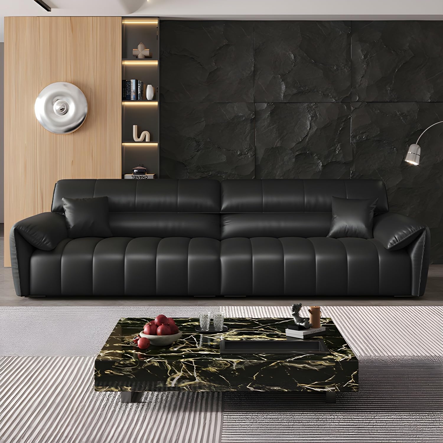 Comfynest Modern Faux Leather Sofa Set with Pillow-Top Arms in Elegant Black Finish