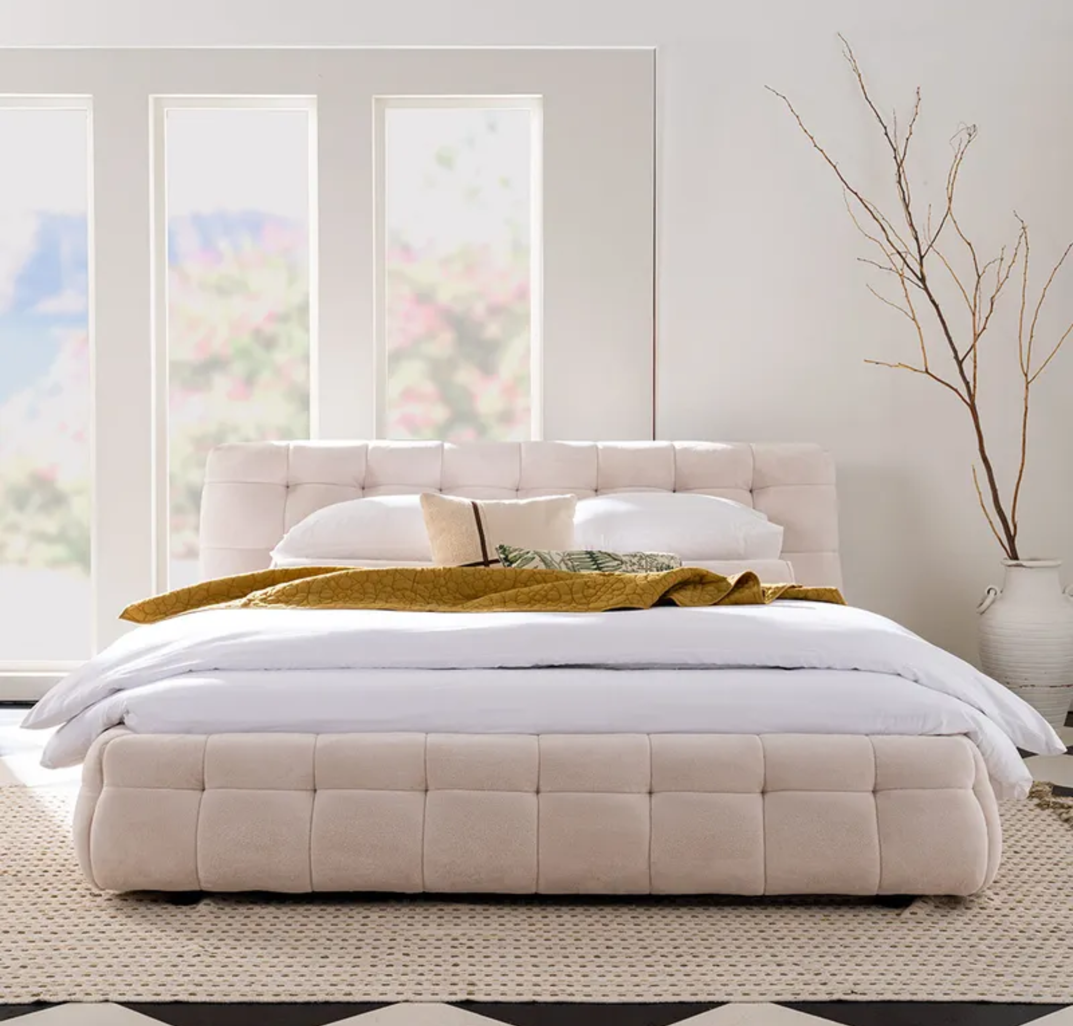 Comfynest Brasilia Queen Bed - Tufted Headboard, Plush Design, Beige, Modern Style, Perfect for Bedroom Décor