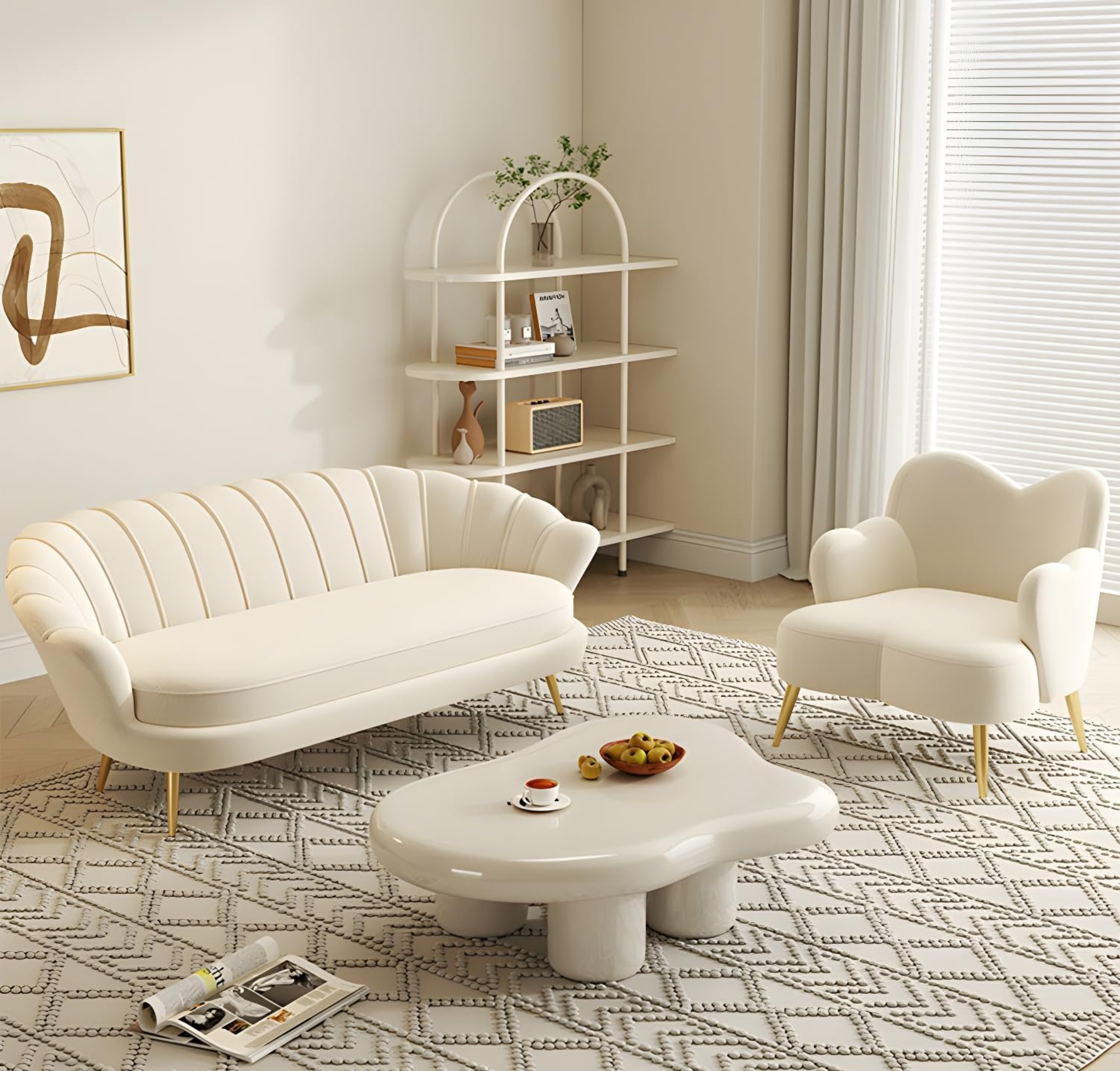 Comfynest Glam Sherpa Standard Sofa with Sloped Arms, Foam Cushions, and Solid Color Design, Living room couch, 177.8 x 73.66 x 78.74 cm, Off-White (3-Seater)