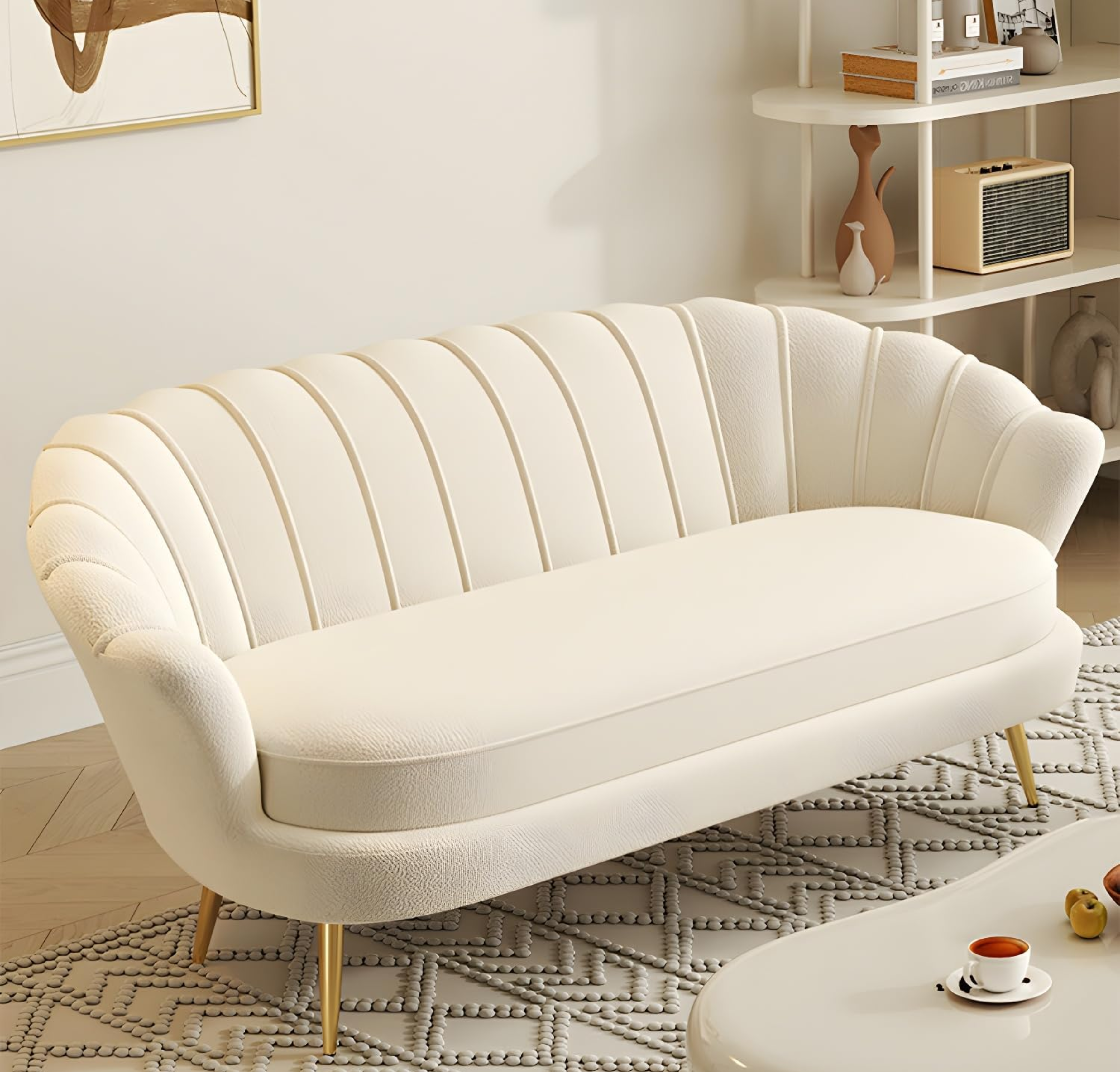 Comfynest Glam Sherpa Standard Sofa with Sloped Arms, Foam Cushions, and Solid Color Design, Living room couch, 177.8 x 73.66 x 78.74 cm, Off-White (2-Seater)