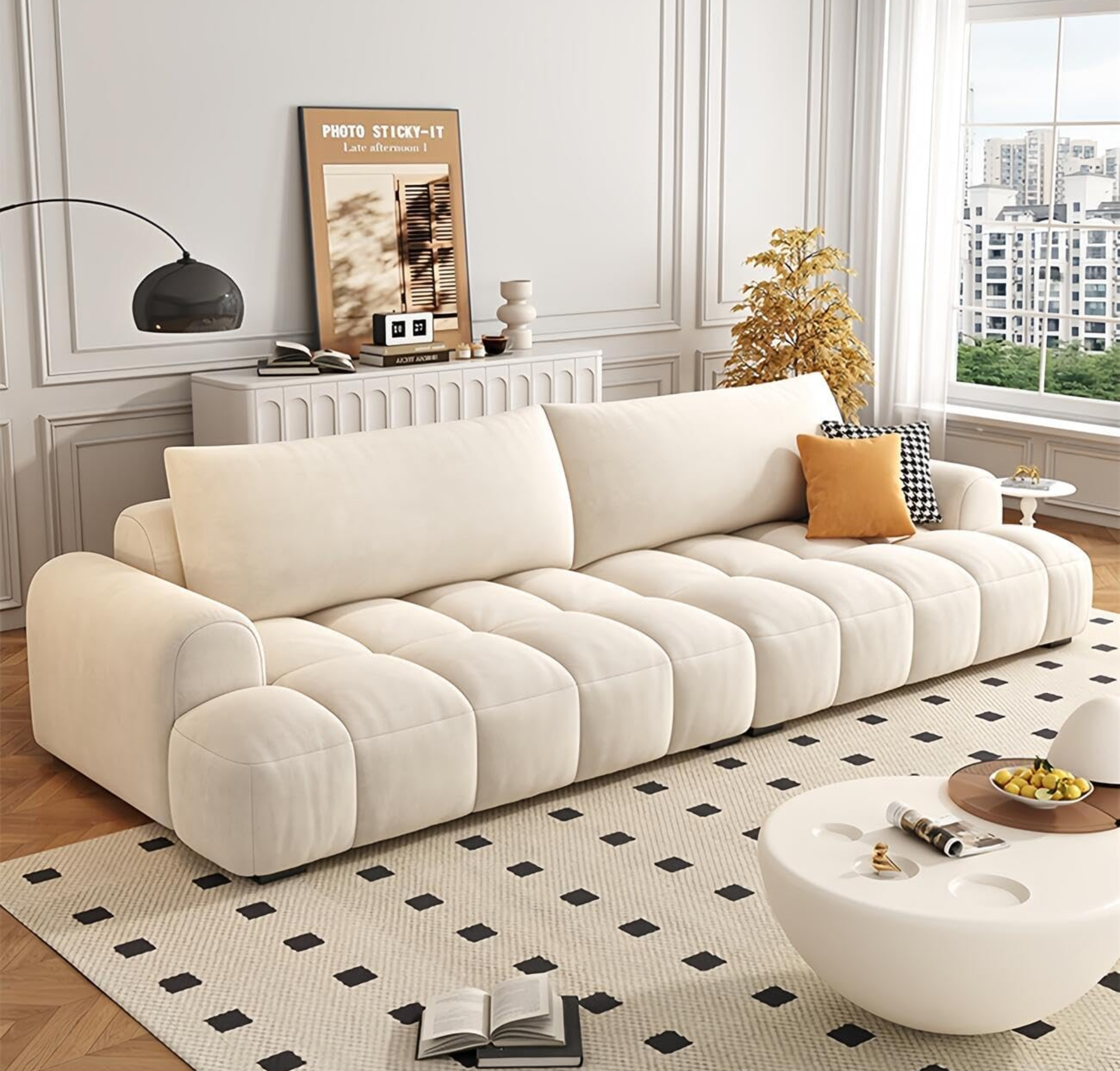 Comfynest Light Luxury Sofa Set - Classic Wool Upholstered Chaise with Throw Pillow, Off-White, Space-Saving Couch for Living Room and Bedroom, No Assembly Required (Puffy, Four Seater)