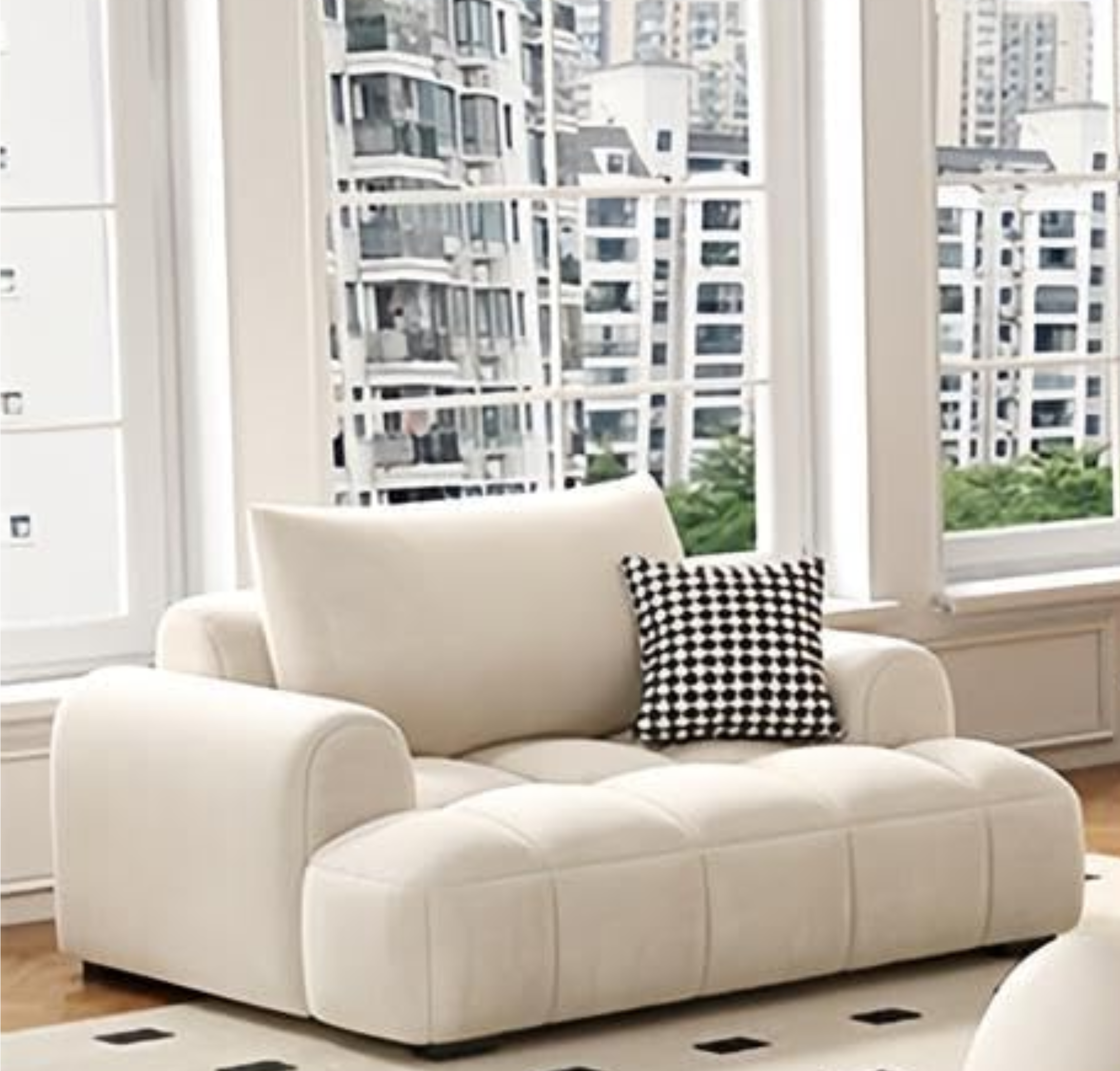 Comfynest Light Luxury Sofa Set - Classic Wool Upholstered Chaise with Throw Pillow, Off-White, Space-Saving Couch for Living Room and Bedroom, No Assembly Required (Puffy, Single Seater)