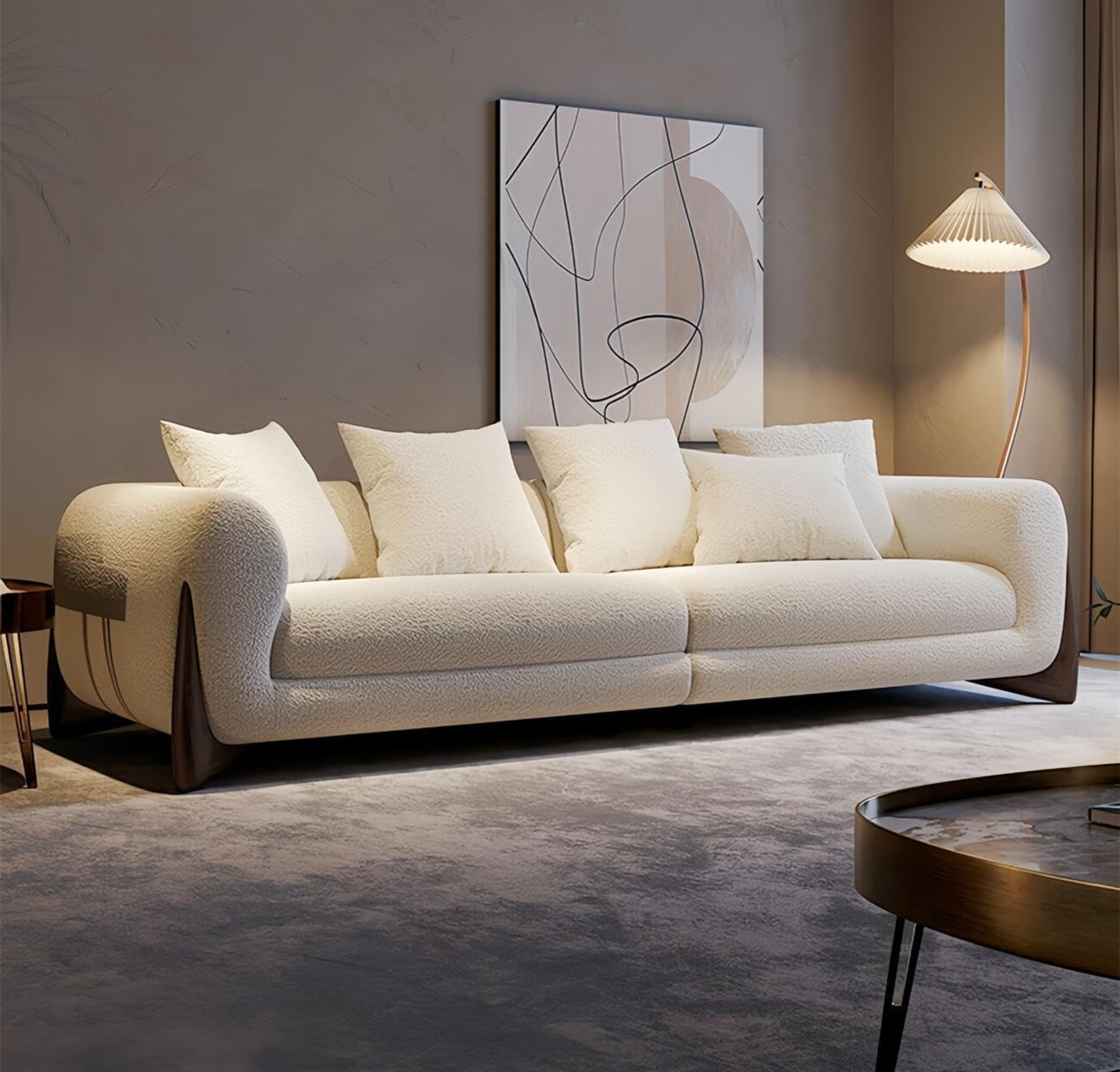 Comfynest Light Luxury Sofa Set - Classic Wool Upholstered Chaise with Throw Pillow, Off-White, Space-Saving Couch for Living Room and Bedroom, No Assembly Required (Cloudy, Double Seater)