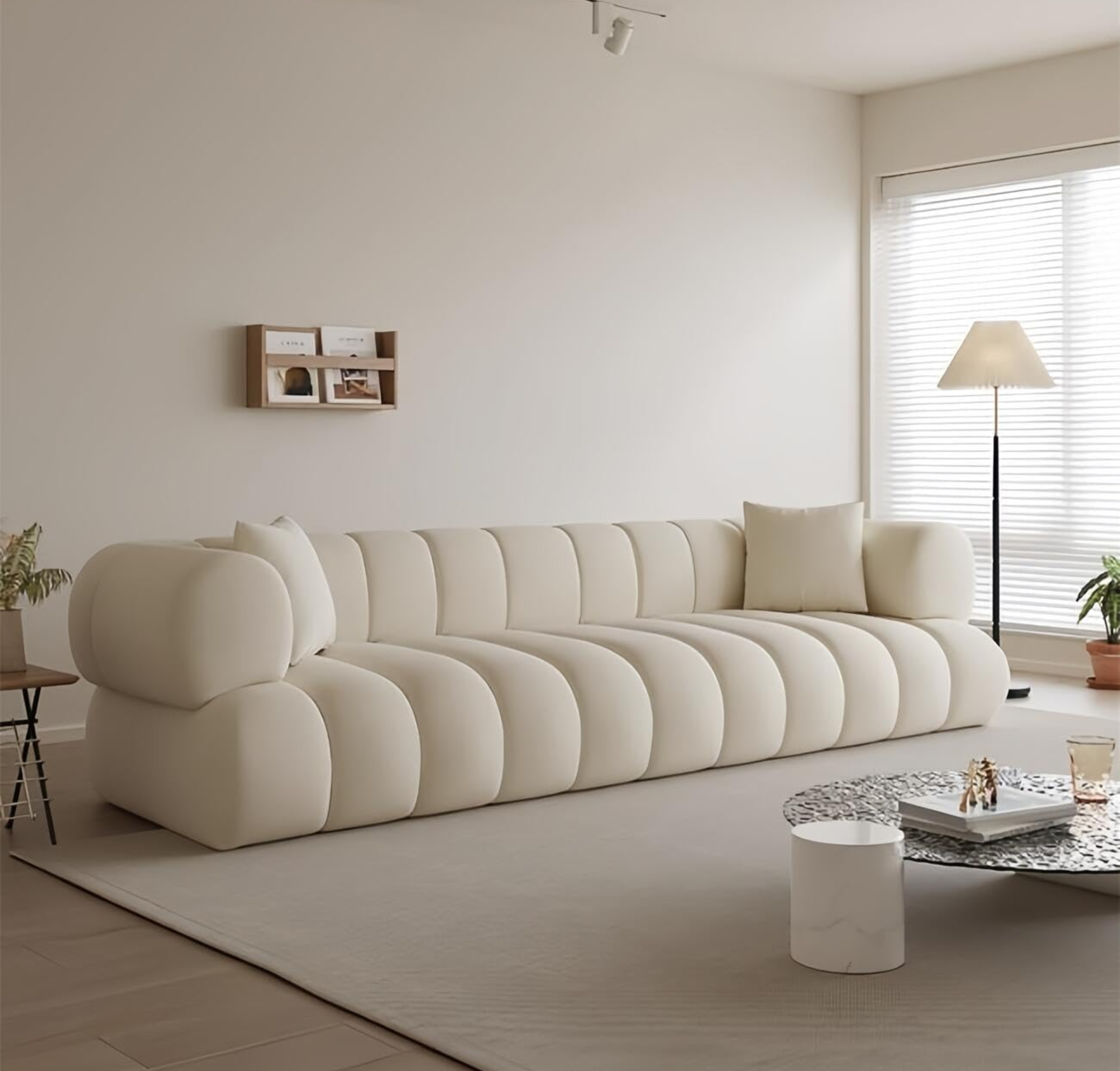 Comfynest Light Luxury Sofa Set - Classic Wool Upholstered Chaise with Throw Pillow, Off-White, Space-Saving Couch for Living Room and Bedroom, No Assembly Required (Lining, Four Seater)