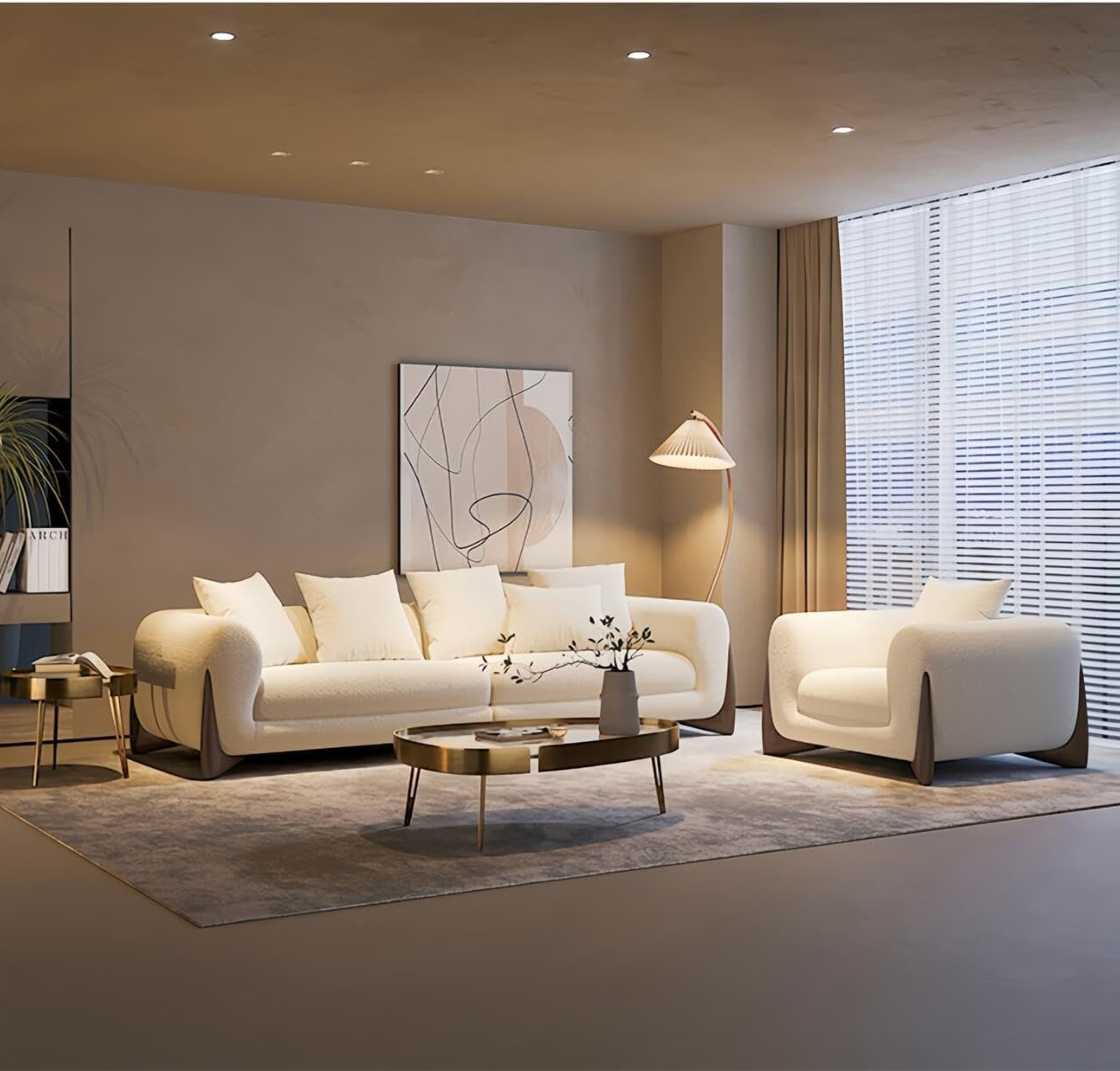 Comfynest Light Luxury Sofa Set - Classic Wool Upholstered Chaise with Throw Pillow, Off-White, Space-Saving Couch for Living Room and Bedroom, No Assembly Required (Cloudy, Four Seater)