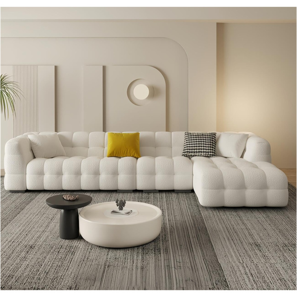 Comfynest Luxury Sofa Set - Classic Wool Upholstered Chaise Lounge with Throw Pillow | Off-White 5-Seater Couch for Living Room & Bedroom | No Assembly Required (Right Hand Facing)