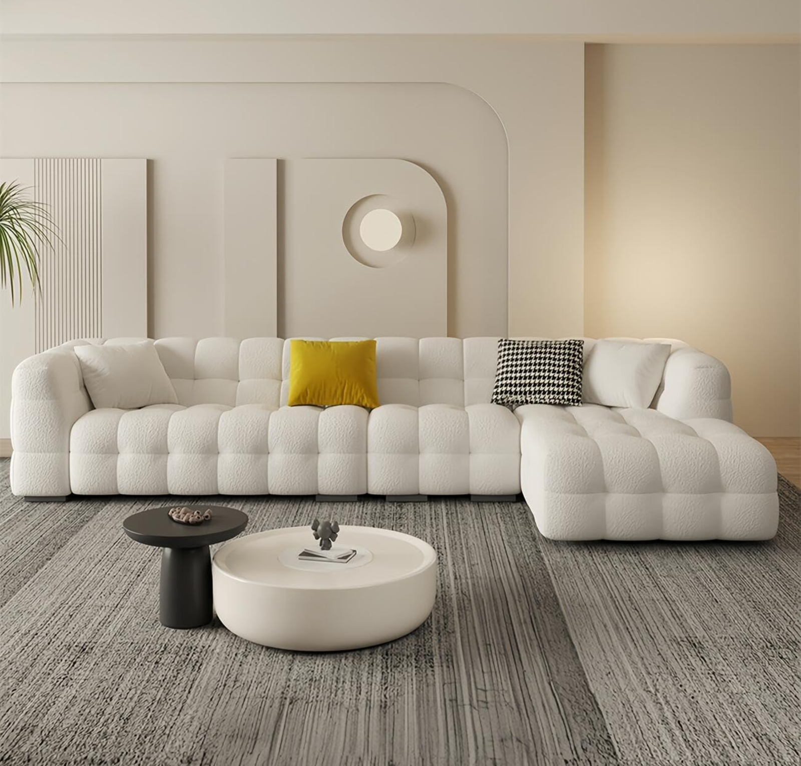 Comfynest Luxury Sofa Set - Classic Wool Upholstered Chaise Lounge with Throw Pillow | Off-White 5-Seater Couch for Living Room & Bedroom | No Assembly Required (Right Hand Facing)