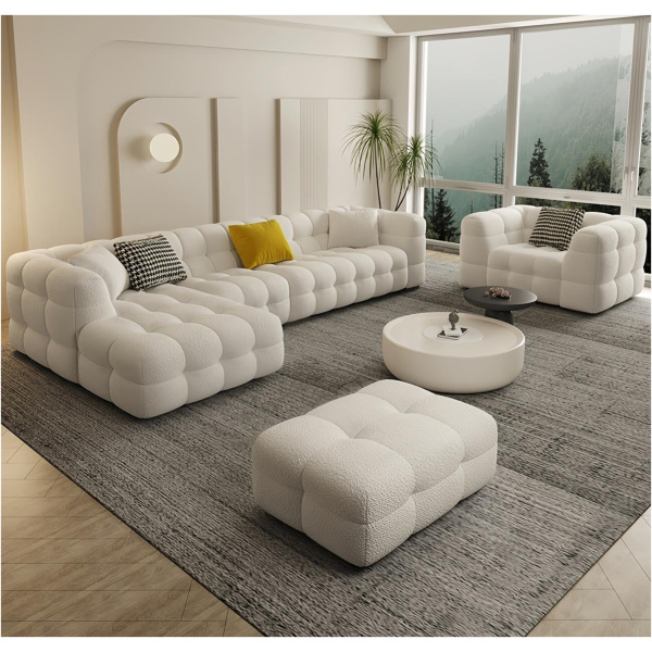 Comfynest Luxury Sofa Set 5 Seater for Living Room - Premium Wool Fabric Couch with Chaise Lounge, Off White Sofa No Assembly Required, Wooden Frame Bedroom Sofa with Throw Pillow