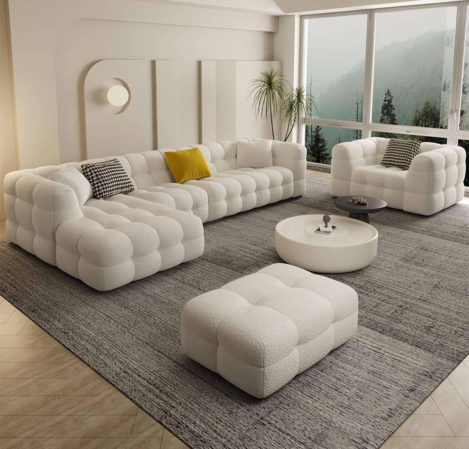 Comfynest Luxury Sofa Set 5 Seater for Living Room - Premium Wool Fabric Couch with Chaise Lounge, Off White Sofa No Assembly Required, Wooden Frame Bedroom Sofa with Throw Pillow