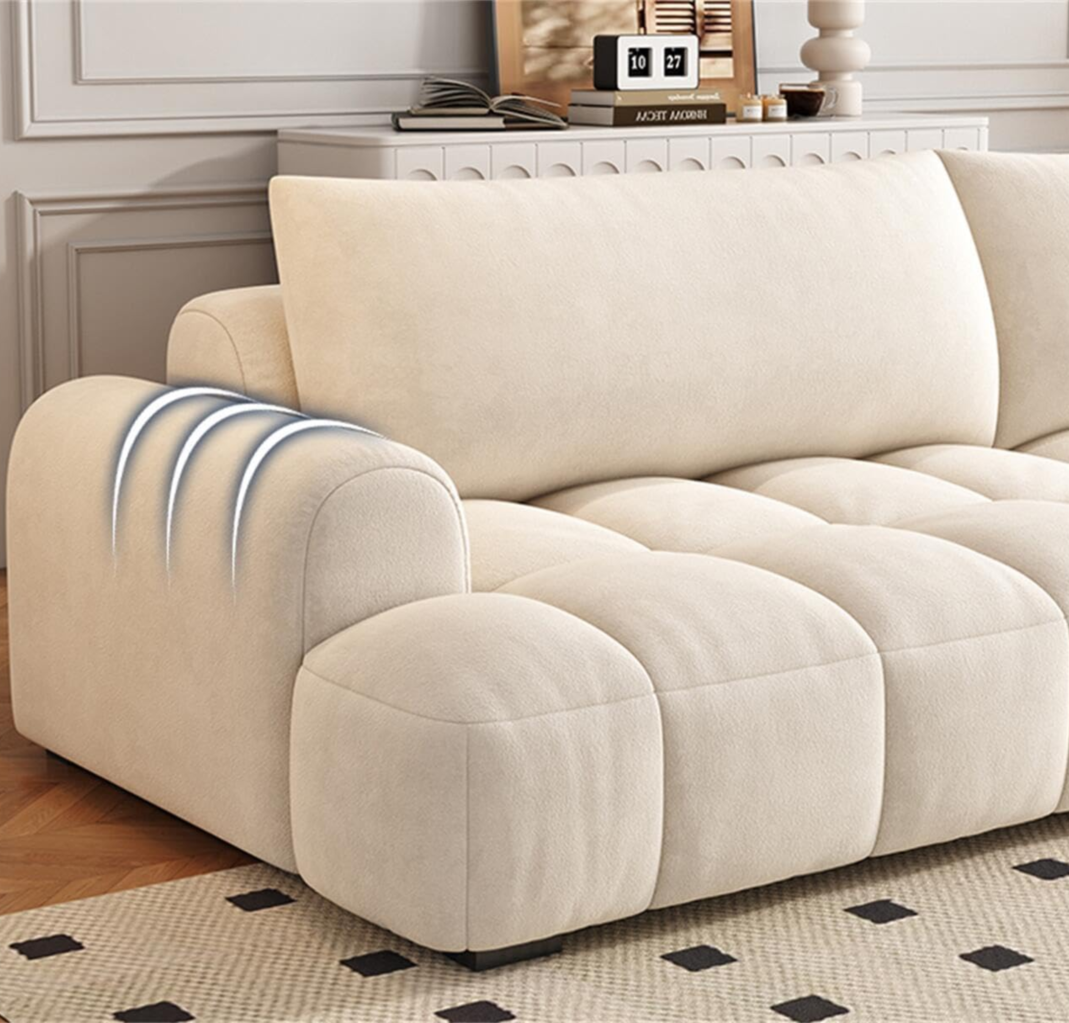 Comfynest Light Luxury Sofa Set - Classic Wool Upholstered Chaise with Throw Pillow, Off-White, Space-Saving Couch for Living Room and Bedroom, No Assembly Required (Puffy, Double Seater)