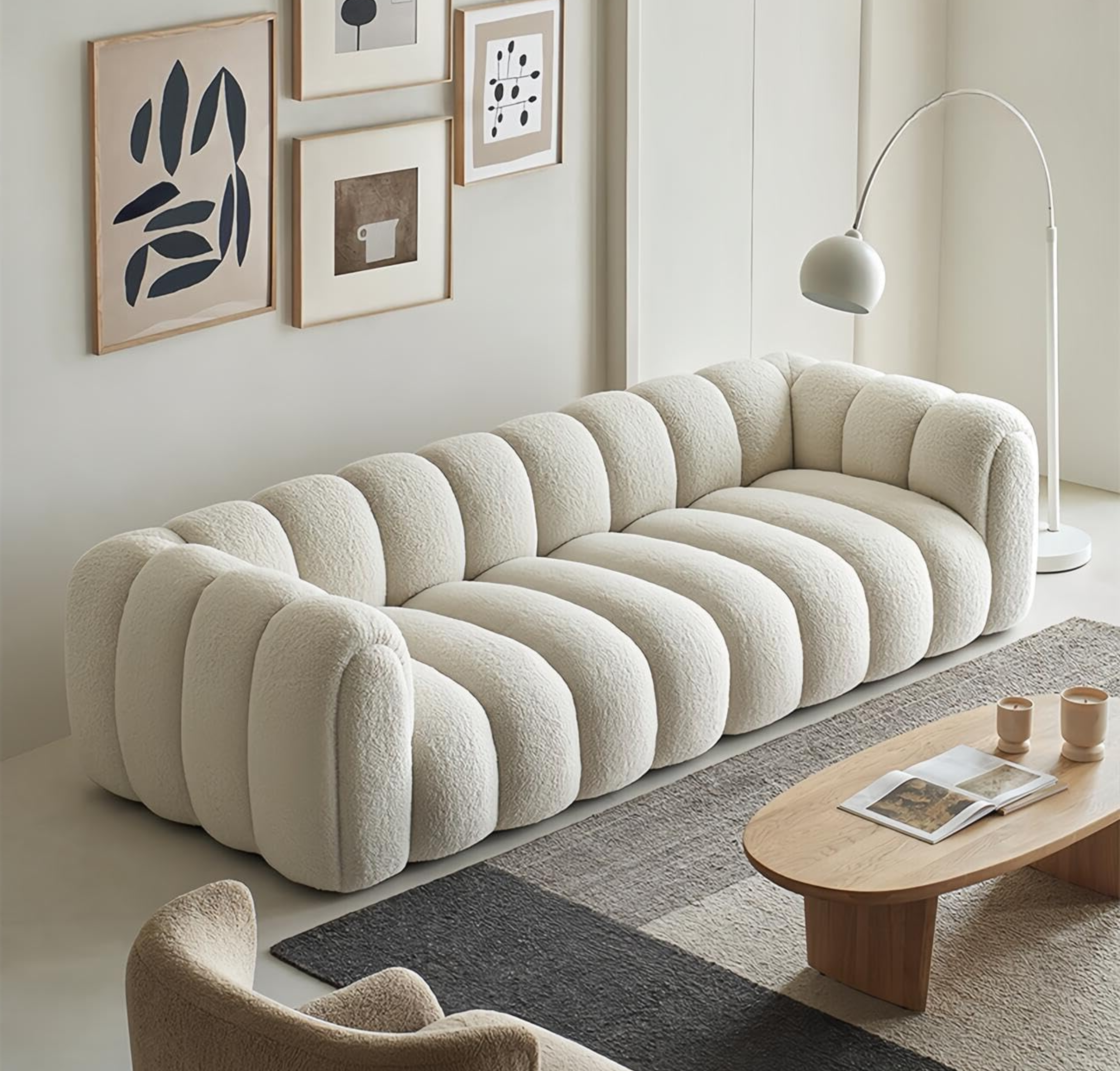 Comfynest Light Luxury Sofa Set - Classic Wool Upholstered Chaise with Throw Pillow, Off-White, Space-Saving Couch for Living Room and Bedroom, No Assembly Required (Pumpkin Design, Four Seater)