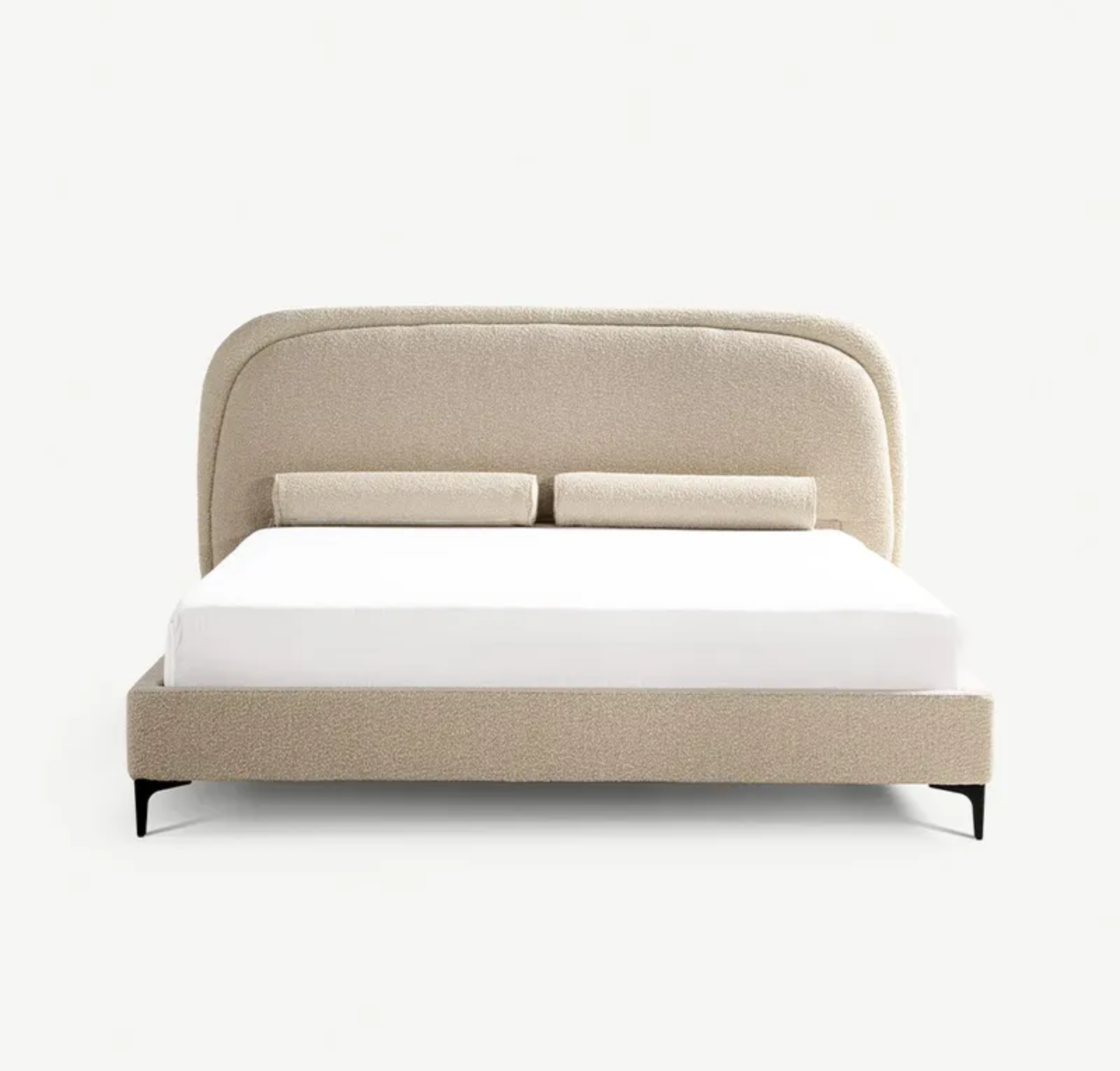 Comfynest Queen Bed in Ivory - Elegant Upholstered Frame with Curved Headboard and Bolsters, Modern Black Legs, Durable MDF and Foam Design (180x200 CM)