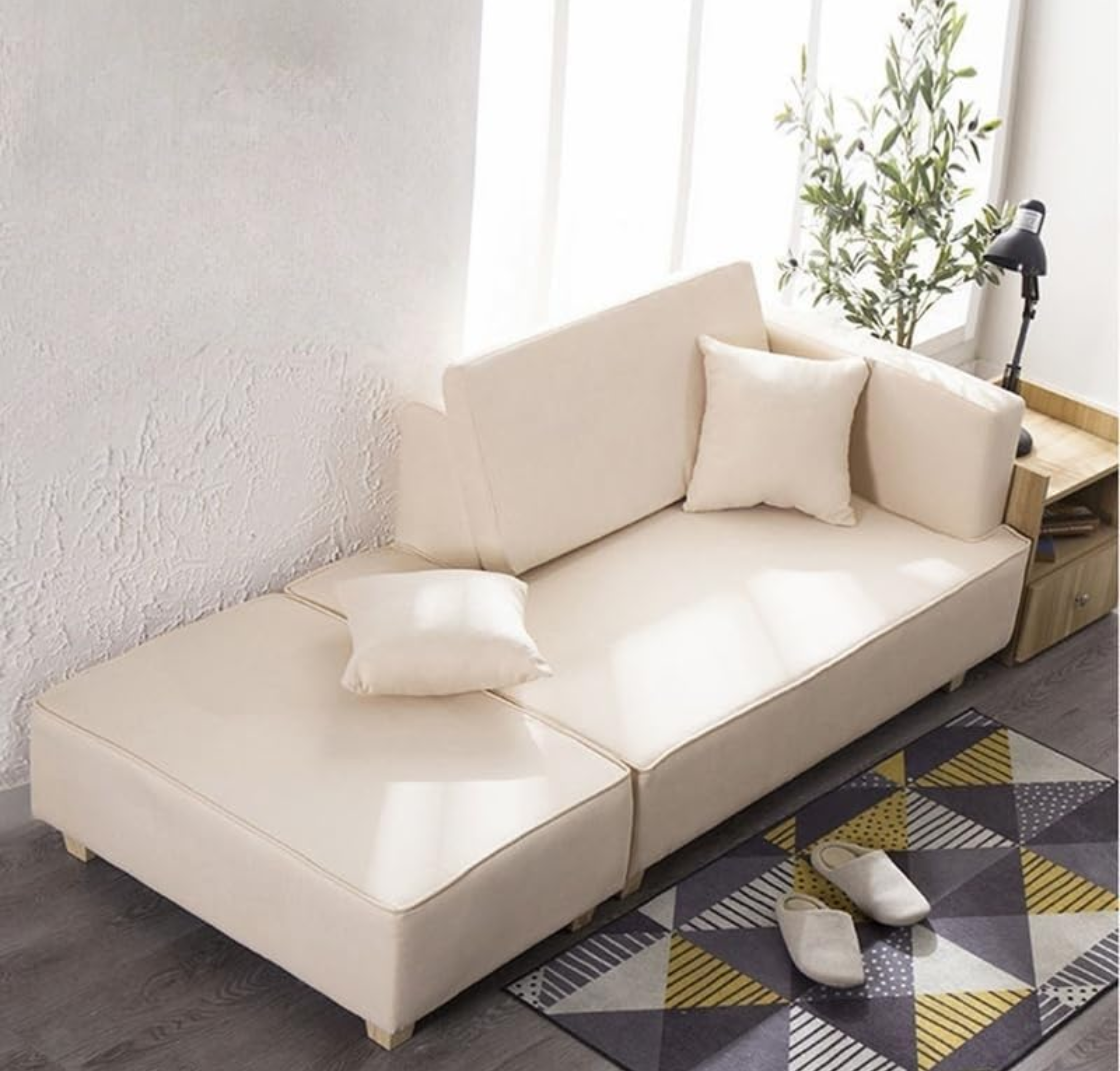Comfynest Scandinavian Wool Seats 2 Sofa With Ottoman, Non-Skirted, Foam Seat Fill, Living room luxury couch, 180 x 80 x 58 cm, Space-Saving (Beige)
