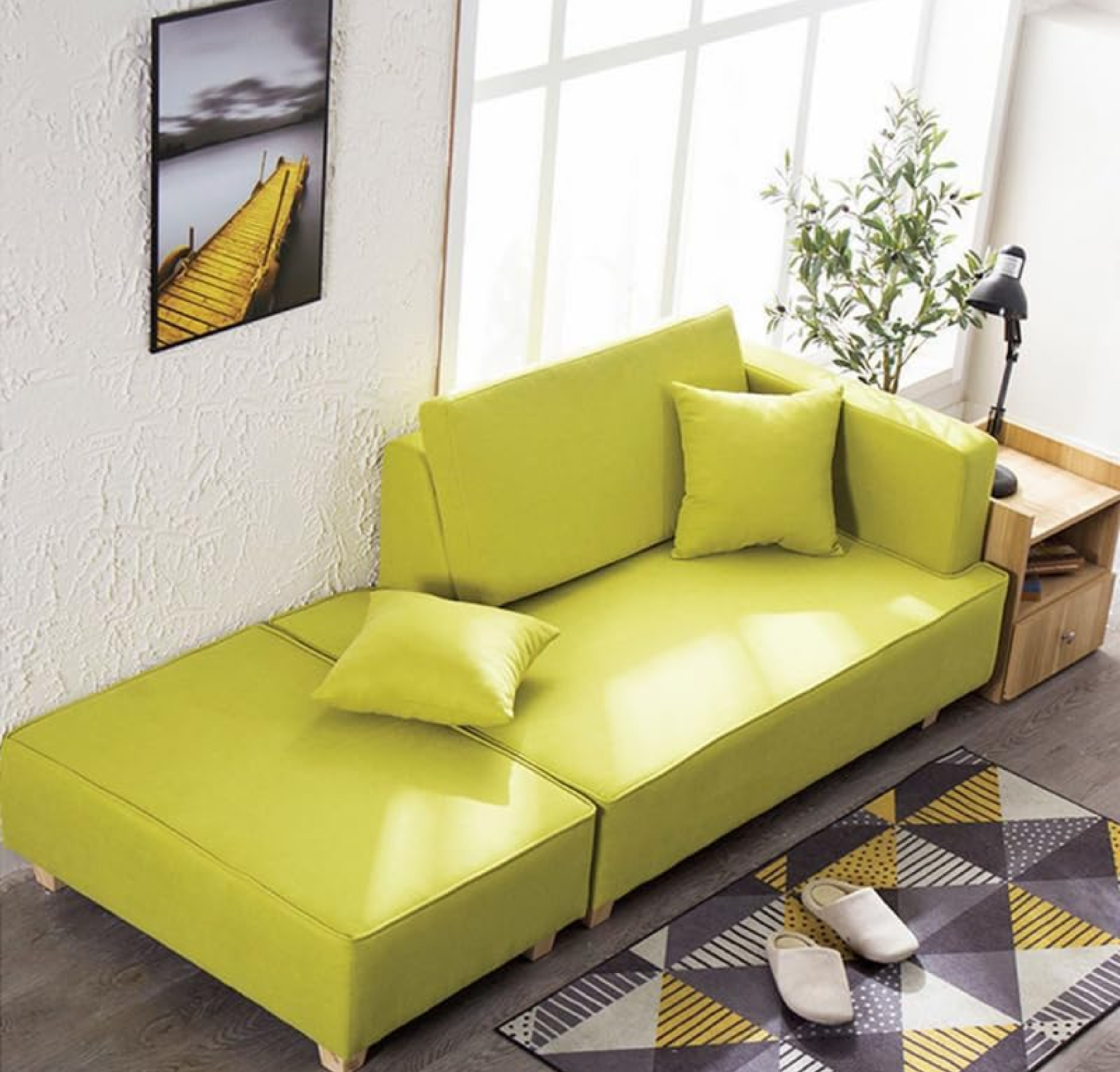 Comfynest Scandinavian Wool Seats 2 Sofa With Ottoman, Non-Skirted, Foam Seat Fill, Living Room Stylish Couch, 180 x 80 x 58 cm, Space-Saving (Lemon)