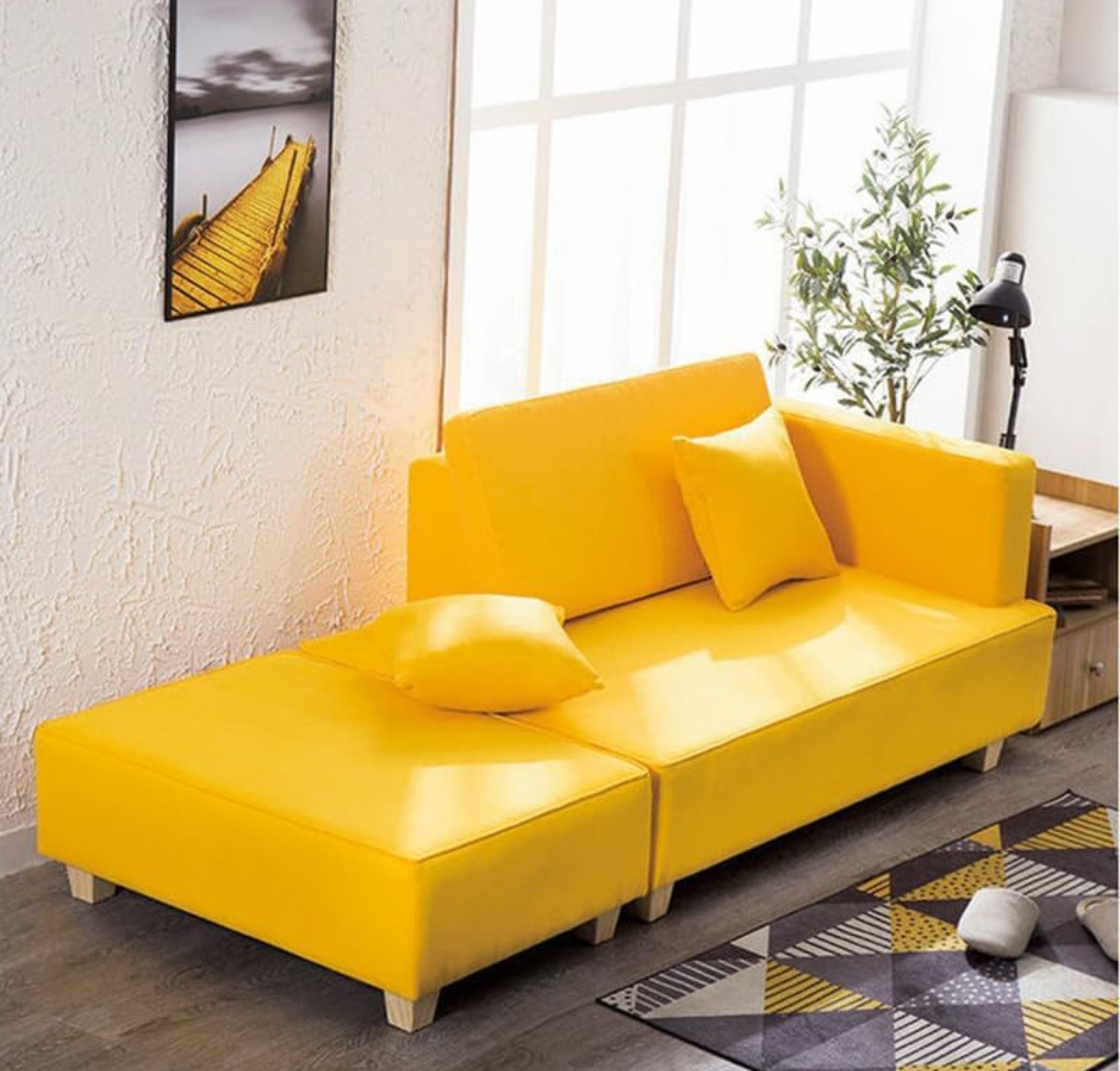 Comfynest Scandinavian Wool Seats 2 Sofa With Ottoman, Non-Skirted, Foam Seat Fill, Living Room Stylish Couch, 180 x 80 x 58 cm, Space-Saving (Yellow)