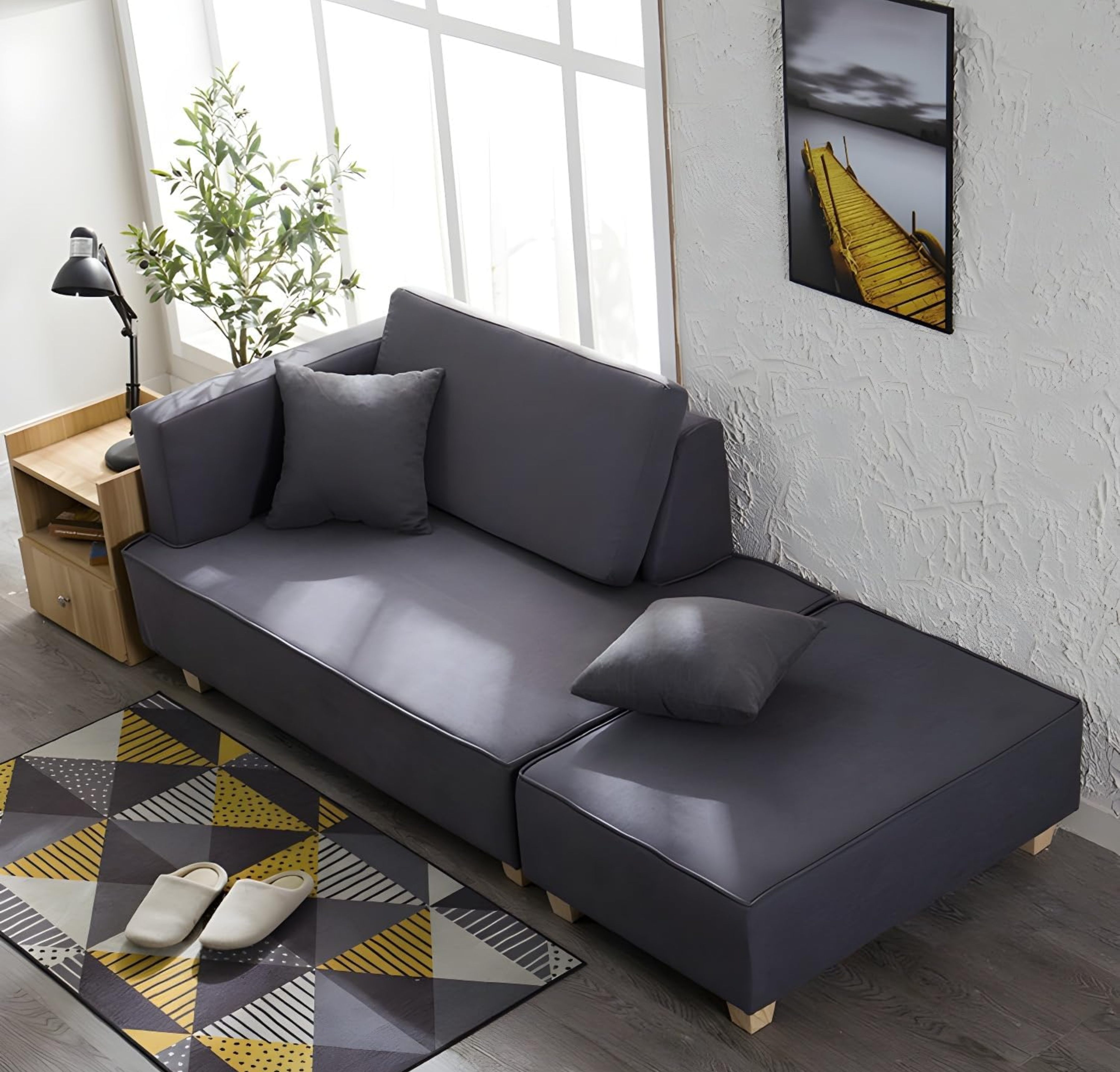 Comfynest Scandinavian Wool Seats 2 Sofa With Ottoman, Non-Skirted, Foam Seat Fill, Living room luxury couch, 180 x 80 x 58 cm, Space-Saving (Grey)